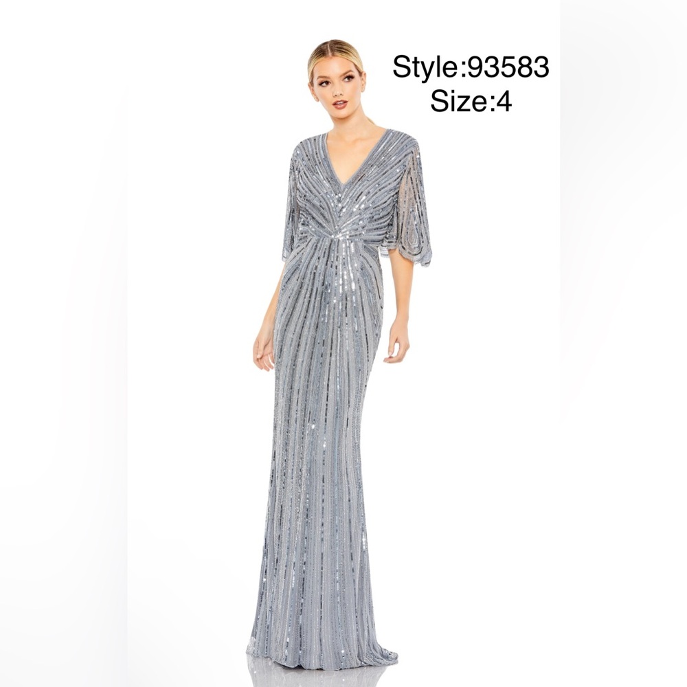 Sequined v neckline cape column gown in slate blue colour